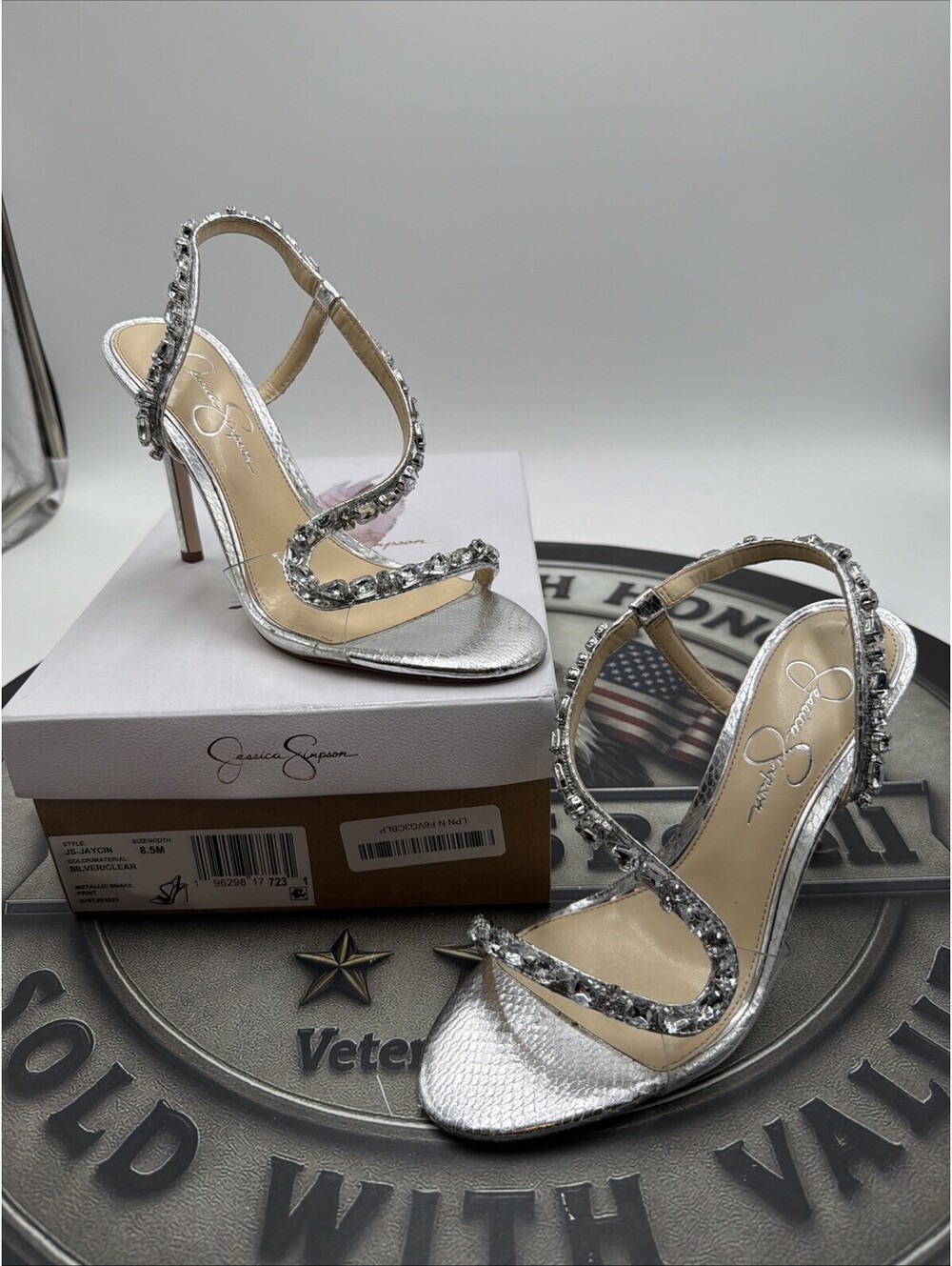 Jessica JSJaycin Heel Sandals Silver Clear Rhinestone Metallic Snake Print 8.5 M
